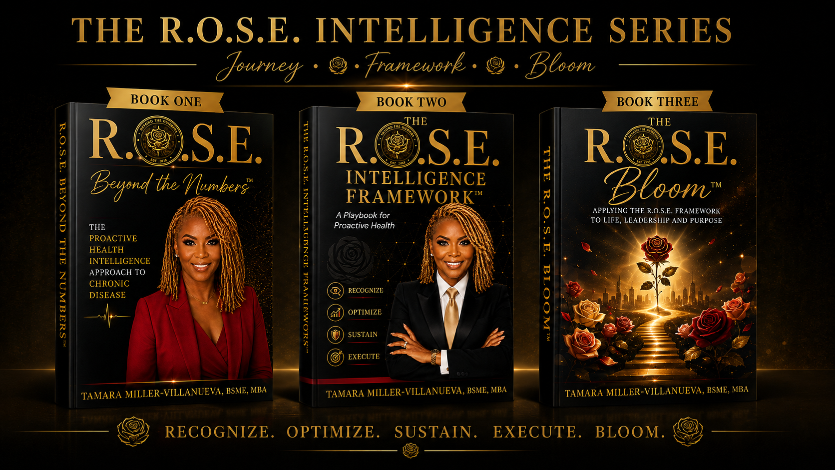 The R.O.S.E. Intelligence Series — Book One R.O.S.E. Beyond the Numbers, Book Two The R.O.S.E. Intelligence Framework, Book Three The R.O.S.E. Bloom, each title showing the ROSE seal inside the O